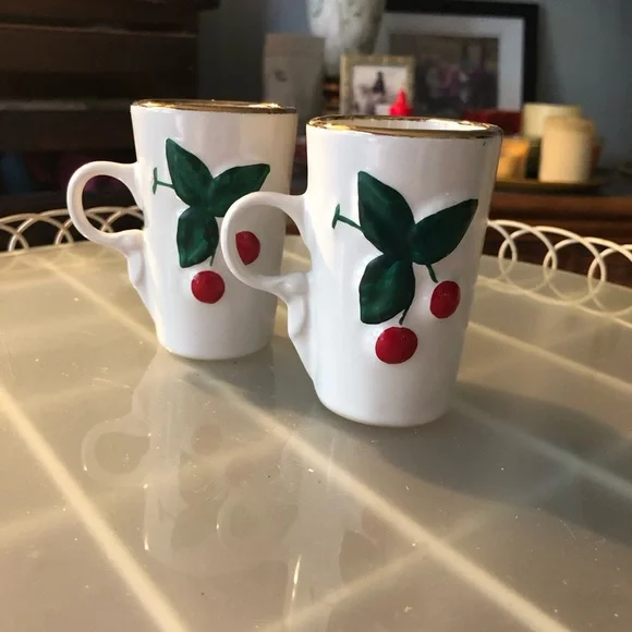 Two Red Cherry Motif Tall Espresso Mugs Cups, Ceramic - Picture 2 of 11
